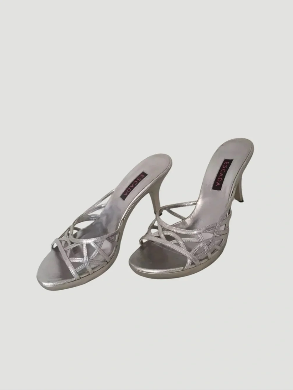 🔥 Escada Metallic Silver Strappy Heeled Mules — Elegant Evening Glam